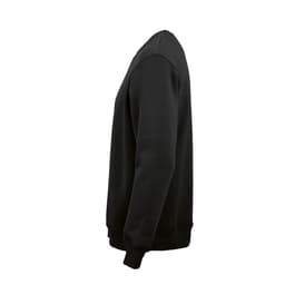 A black crew neck sweatshirt made from organic cotton and rPET, featuring a logo on the front.