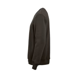 A dark brown crew neck sweatshirt made from organic cotton, rCotton, and rPET, featuring a logo on the front.