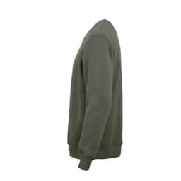 A crew neck sweatshirt in olive green, made from organic cotton, rCotton, and rPET, featuring a logo.