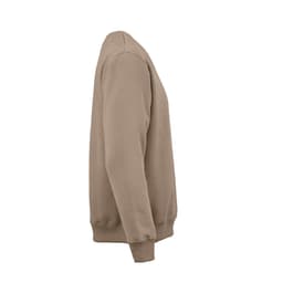A beige crew neck sweatshirt in a side view, made from organic cotton, rCotton, and rPET. It has a logo.