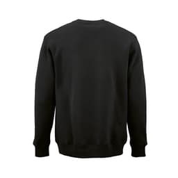 A black crew neck sweatshirt made from organic cotton, rCotton, and rPET, featuring a branding logo.