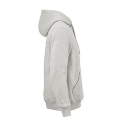 A grey hooded sweatshirt made from organic cotton, rCotton, and rPET. Features a logo. Made in PT.