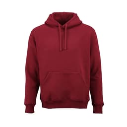 A maroon hooded sweatshirt with a front pocket and adjustable drawstrings. It has a logo on the front.