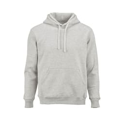 A grey hooded sweatshirt made from organic cotton, rCotton, and rPET. Features a front pocket and a logo.