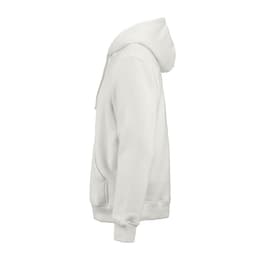 A white hooded sweatshirt made from organic cotton, rCotton, and rPET, featuring a side view and a logo.