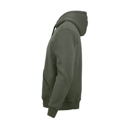 A green hooded sweatshirt made from organic cotton, rCotton, and rPET. It includes a logo.