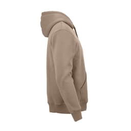 A tan hooded sweatshirt made from organic cotton, rCotton, and rPET. It features a logo on the front.