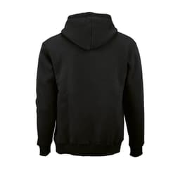 A black hooded sweatshirt made from organic cotton, rCotton, and rPET, featuring a logo on the back.