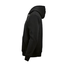 A black hooded sweatshirt made from organic cotton, rCotton, and rPET, featuring a side view and a logo.