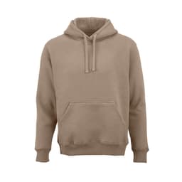 A beige hooded sweatshirt with a kangaroo pocket and a drawstring hood. It features a logo on the front.