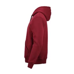 A burgundy hooded sweatshirt made from organic cotton, rCotton, and rPET, featuring a side view and a branding logo.