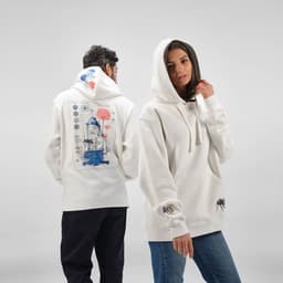 A white hooded sweatshirt with a graphic design on the back and a small logo on the sleeve.