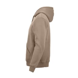 A beige hooded sweatshirt made from organic cotton, rCotton, and rPET, featuring a logo.