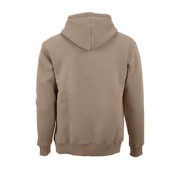 A brown hooded sweatshirt made from organic cotton, rCotton, and rPET. It features a logo on the back.