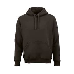 A dark brown hooded sweatshirt made from organic cotton, rCotton, and rPET. It features a front pocket and a logo.