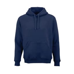 A navy blue hooded sweatshirt with a front pocket. Made from organic cotton and recycled materials, features a logo.