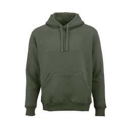 A hooded sweatshirt in olive green, featuring a front pocket and an adjustable drawstring hood. Includes a logo.