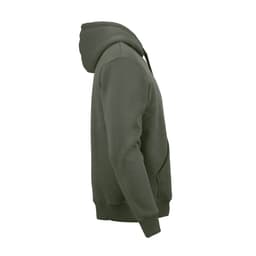 A green hooded sweatshirt made from organic cotton, rCotton, and rPET. It features a logo and a side view design.