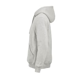 A grey hooded sweatshirt made from organic cotton, rCotton, and rPET. Features a logo and side pocket.