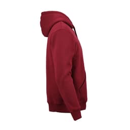 A burgundy hooded sweatshirt made from organic cotton, rCotton, and rPET. Includes a logo.