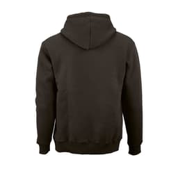 A black hooded sweatshirt featuring a back view. Made from organic cotton, rCotton, and rPET. Includes a logo.