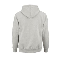 A grey hooded sweatshirt made from organic cotton, rCotton, and rPET, featuring a hood and a standard fit.