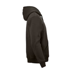 A brown hooded sweatshirt made from organic cotton, rCotton, and rPET, featuring a logo.