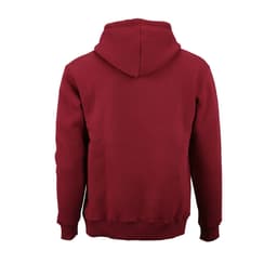 A burgundy hooded sweatshirt with a soft fleece interior and a logo on the back. Made from organic cotton and rPET.