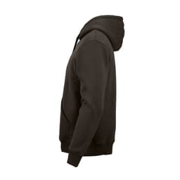 A dark brown hooded sweatshirt made from organic cotton, rCotton, and rPET. Features a logo on the fabric.