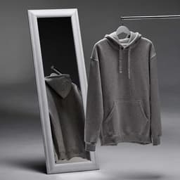 A grey hooded sweatshirt displayed on a hanger, with a full-length mirror reflecting the garment.