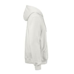 A white hooded sweatshirt made from organic cotton, rCotton, and rPET, featuring a logo. Made in Portugal.