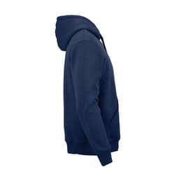 A navy hooded sweatshirt made from organic cotton, rCotton, and rPET, featuring a logo. Made in Portugal.