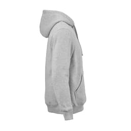 A grey hooded sweatshirt made from organic cotton, rCotton, and rPET. Features a logo on the front.