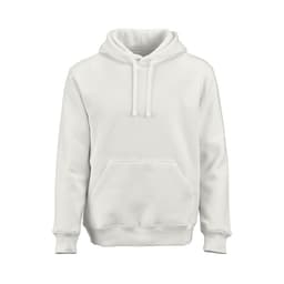 A white hooded sweatshirt with a front pocket and drawstrings, made from organic cotton, rCotton, and rPET. It has a logo.