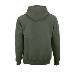 A green hooded sweatshirt made from organic cotton and recycled materials. Features a logo on the back.