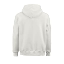 A white hooded sweatshirt made from organic cotton, rCotton, and rPET. The back view features a kangaroo pocket.