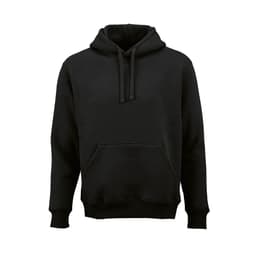 A black hooded sweatshirt featuring a front pocket and drawstrings. Made from organic cotton and rPET, with a logo.