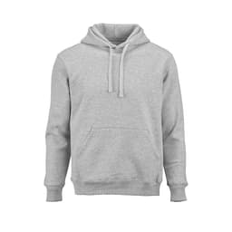 A grey hooded sweatshirt made from organic cotton, rCotton, and rPET. It features a front pocket and has a logo.