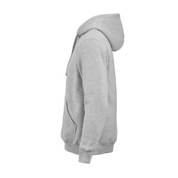 A grey hooded sweatshirt made from organic cotton, rCotton, and rPET, featuring a side view and a pocket.