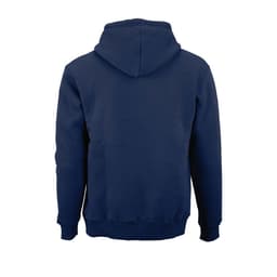 A navy blue hooded sweatshirt made from organic cotton, rCotton, and rPET. Includes a logo.