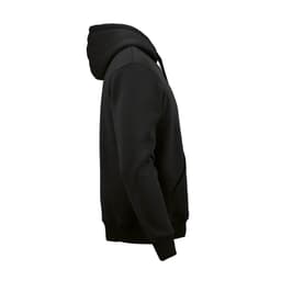 A black hooded sweatshirt made from organic cotton, rCotton, and rPET. Features a logo on the front.