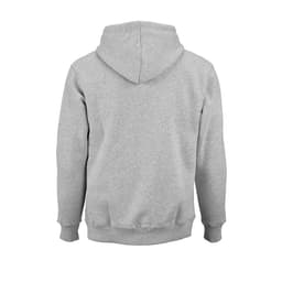 A grey hooded sweatshirt made from organic cotton, rCotton, and rPET. Features a logo on the back.