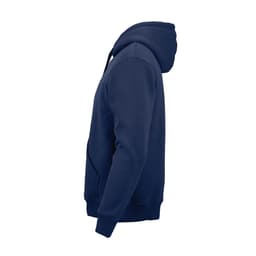 A navy hooded sweatshirt made from organic cotton, rCotton, and rPET, featuring a logo.