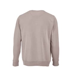 A beige crew neck sweatshirt made from 100% organic cotton with ribbed cuffs and hem, featuring a logo.