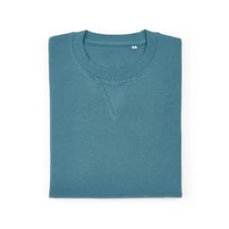 A folded crew neck sweatshirt in a teal colour, made from 100% organic cotton, with a logo on the label.