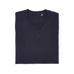 A folded navy blue crew neck sweatshirt made of 100% organic cotton with a textured finish, featuring a logo.