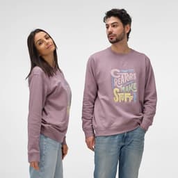 A purple crew neck sweatshirt made from 100% organic cotton, featuring a logo. Worn by a man and woman.