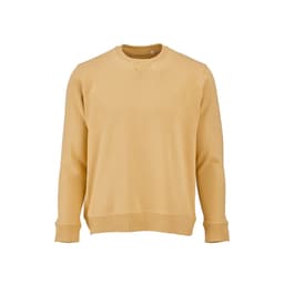 A mustard yellow crew neck sweatshirt made of 100% organic cotton with a textured neckline, featuring a logo.