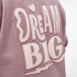 A pink crew neck sweatshirt featuring an embroidered design with the words "Dream Big." The garment has a logo.