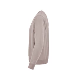 A beige crew neck sweatshirt in a side view. Made of 100% organic cotton, featuring long sleeves and a ribbed hem.